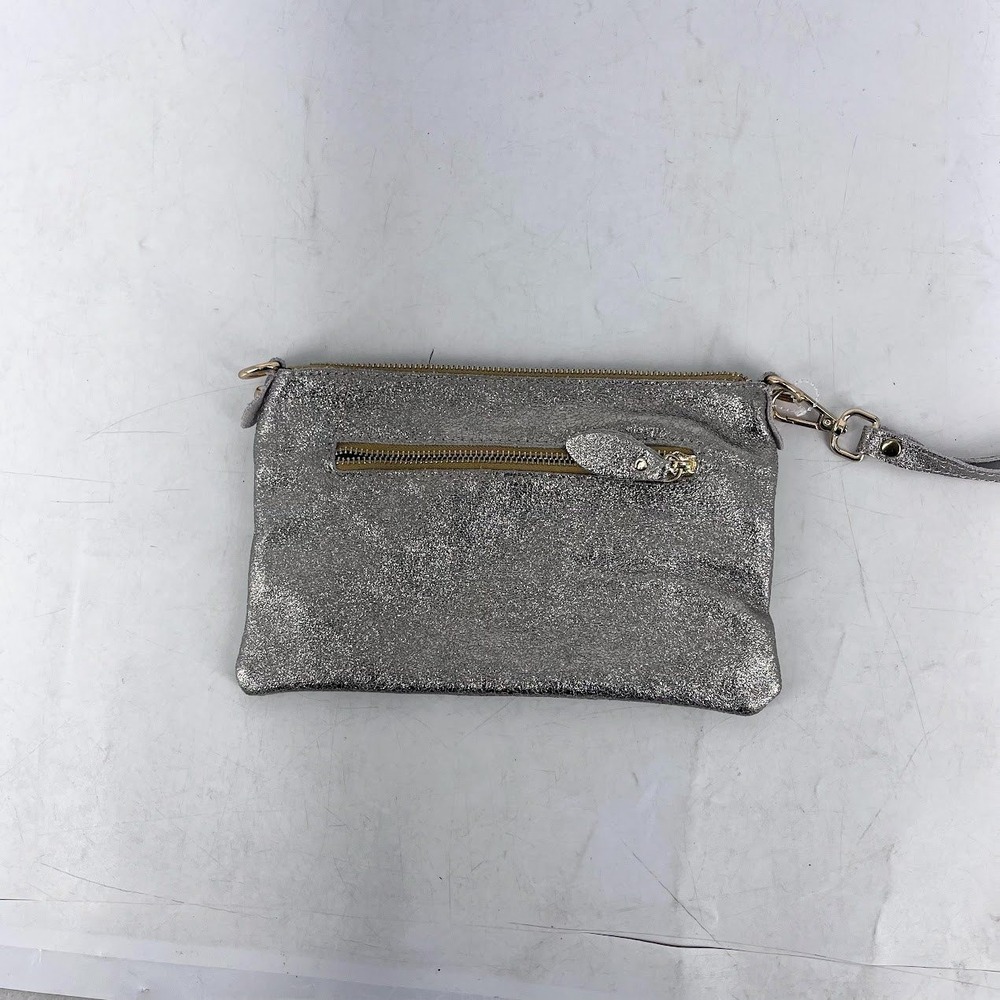 7chi Silver Metallic Textured Leather Wristlet Clutch Gold Hardware Evening Bag